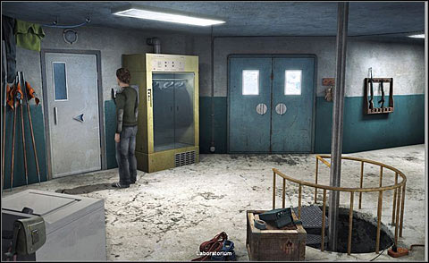 After hearing the talk between Nova with technician Al Schaumann and chatting with her for a moment, go back to a corridor (cursor on the bottom of the screen) and finally go to the garage - Gather equipment for studying bears - Day 1 - Alpha Polaris - Game Guide and Walkthrough