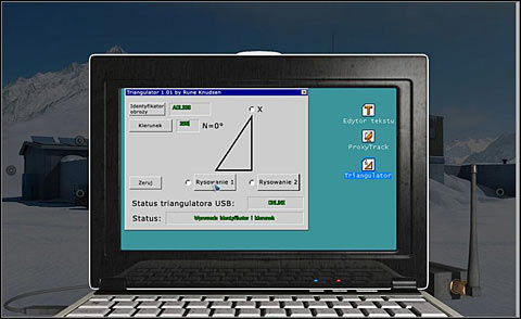 Turn on the computer again, click on the Triangulator icon (2xLMB) and enter the collar id: AOL339 and the heading: 268 - Track the bear down - Day 2 - Alpha Polaris - Game Guide and Walkthrough