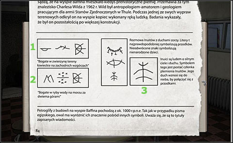 A sequence of three marks to the left (1) is translated as: Good hunting grounds in the west fells - Examine bones left in the hood - Day 2 - Alpha Polaris - Game Guide and Walkthrough