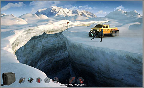 After you get to the place, use the winch in front of the vehicle and attach an oil probe to it - Drop down into the crevasse - Day 3 - Alpha Polaris - Game Guide and Walkthrough