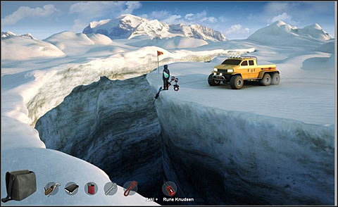 Do not forget to put on your crampons (just use them on Rune) - Drop down into the crevasse - Day 3 - Alpha Polaris - Game Guide and Walkthrough