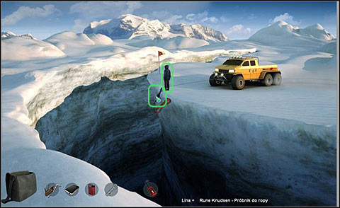 Now use the rope on your character and attach it to the oil probe - Drop down into the crevasse - Day 3 - Alpha Polaris - Game Guide and Walkthrough