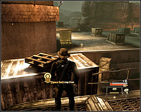 Option 1 - jumping onto the roof of the last building from the balcony of the nearby northern hangar - Walkthrough - Saudi Arabia - Bug Al-Samad Airfield - Walkthrough - Saudi Arabia - Alpha Protocol: The Espionage RPG - Game Guide and Walkthrough