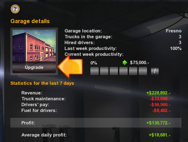 To expand your garage (the smallest one into the small one or the small one into the big one) you need to click on upgrade button located in the garage manager - Upgrading and buying garage - Garage - American Truck Simulator - Game Guide and Walkthrough