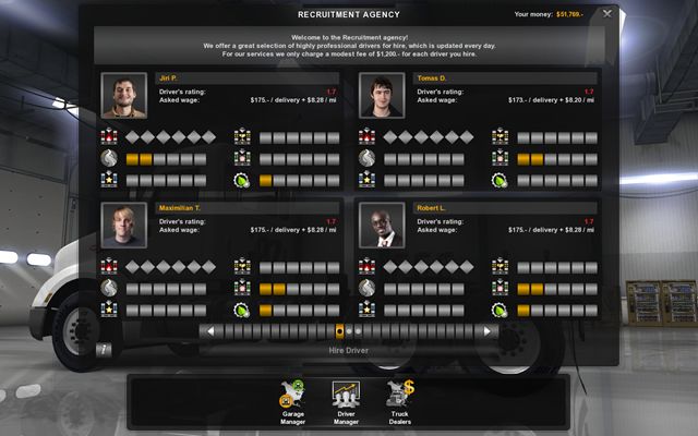 The agency, regardless the skills of employed drivers, always charges a commission in amount of $1500 - Employing drivers - Employees - American Truck Simulator - Game Guide and Walkthrough