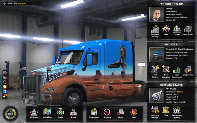 You control everything using a panel displayed after pressing [Escape] - Main control panel - Interface - American Truck Simulator - Game Guide and Walkthrough