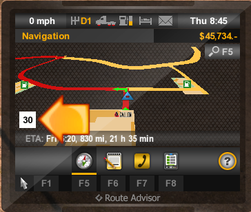 The option marked with an arrow shows the speed limit on current road - Route advisor (GPS) - Interface - American Truck Simulator - Game Guide and Walkthrough