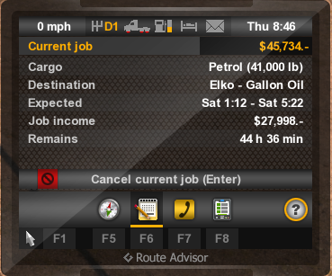 The second tab ([F6] by default) presents information about current order (they are shown only if you decided to take an order) - Route advisor (GPS) - Interface - American Truck Simulator - Game Guide and Walkthrough