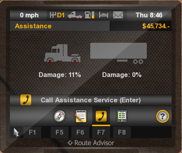 The third tab ([F7] by default) presents the truck and cargo damage level (the latter affects the income) - Route advisor (GPS) - Interface - American Truck Simulator - Game Guide and Walkthrough