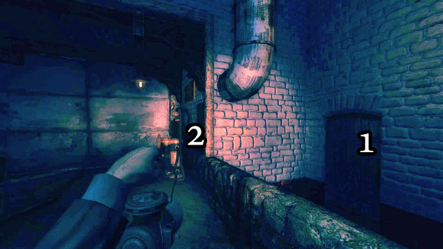 Open the door [1] to the right of the pump [2] - Offices and The Warehouse | Walkthrough - Walkthrough - Amnesia: A Machine for Pigs Game Guide