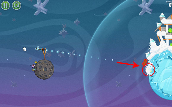 In order to unlock the hidden level, simply launch the bird towards the indicated spot, right next to the arrow showing you the way - Level E-5 - Eggsteroids - Angry Birds Space - Game Guide and Walkthrough