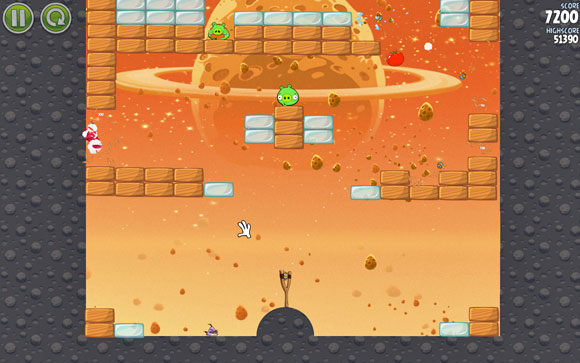 Try to aim at the hole you just made so that at least one of the birds (split them at the last moment) could reach the upper part, where it can easily score a lot of points - Level E-3 - Eggsteroids - Angry Birds Space - Game Guide and Walkthrough