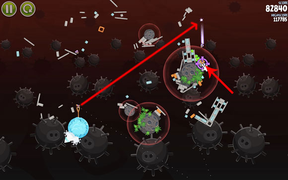 When everything blows up into little pieces, ready the second bird - Level 3-30 - Danger Zone - Angry Birds Space - Game Guide and Walkthrough