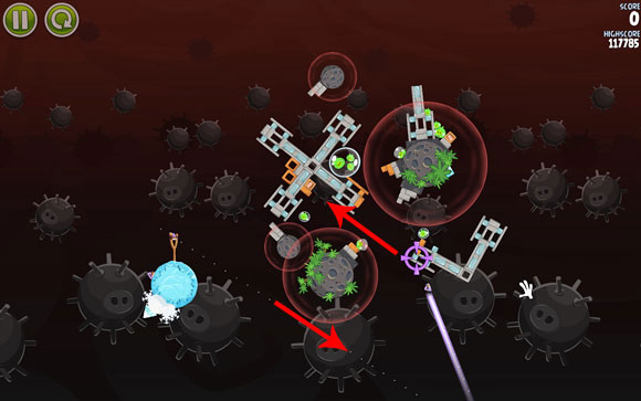 This level doesn't give you any help with the first shot or with when to change the course - Level 3-30 - Danger Zone - Angry Birds Space - Game Guide and Walkthrough