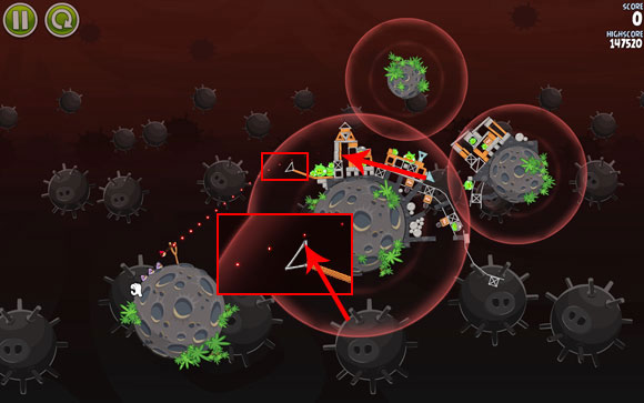 The first bird, even though is the weakest and not always capable of breaking through concrete blocks, has to be launch towards them this time - Level 3-27 - Danger Zone - Angry Birds Space - Game Guide and Walkthrough