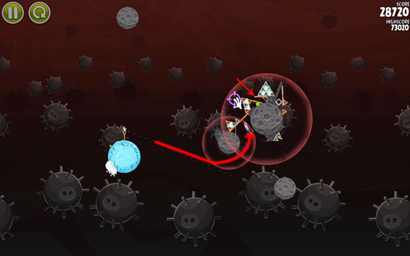 Launch the second bird towards the gravitational pull - Level 3-26 - Danger Zone - Angry Birds Space - Game Guide and Walkthrough