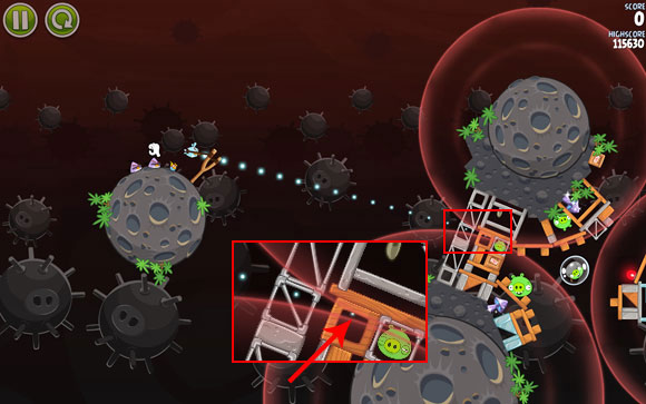 Your first goal is to blow up the structure between the first two planets - Level 3-23 - Danger Zone - Angry Birds Space - Game Guide and Walkthrough