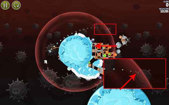 The first bird has to reach the box of explosives - Level 3-22 - Danger Zone - Angry Birds Space - Game Guide and Walkthrough