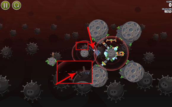The first bird's flight path should go roughly between the two prongs shown on the closed-up screen - Level 3-20 - Danger Zone - Angry Birds Space - Game Guide and Walkthrough