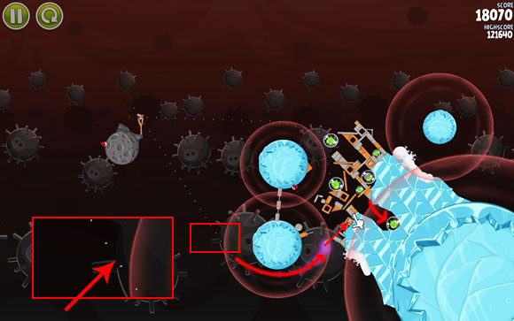 Launch the second bird the other way, adjusting the flight path through the point where the prong and the mine cross - Level 3-19 - Danger Zone - Angry Birds Space - Game Guide and Walkthrough