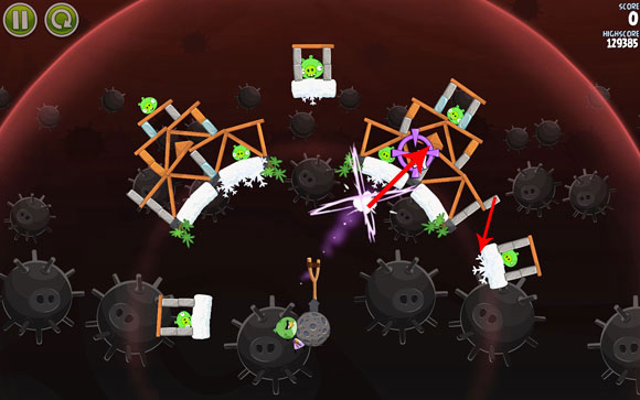 Use the last bird to destroy the second structure (depending on which you have destroyed first) - Level 3-15 - Danger Zone - Angry Birds Space - Game Guide and Walkthrough