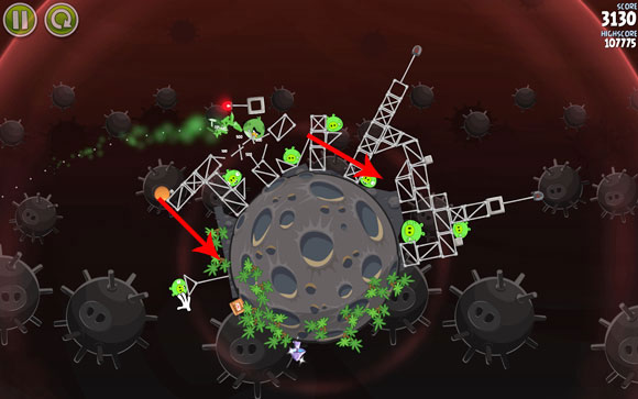 Once it breaks through, the bird should reach the tall tower and collapse it (which, in turn, should shake the structure on the right) - Level 3-10 - Danger Zone - Angry Birds Space - Game Guide and Walkthrough