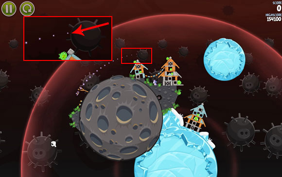 A very easy level - launch the bird above the houses (adjust the flight path between the prongs of the closed-up mine) - Level 3-7 - Danger Zone - Angry Birds Space - Game Guide and Walkthrough