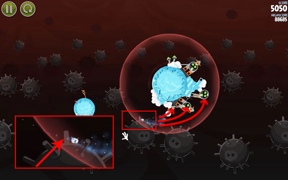 Launch the first bird using a flight path going roughly through the middle of the indicated prong - Level 3-5 - Danger Zone - Angry Birds Space - Game Guide and Walkthrough