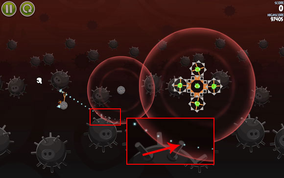 Zoom out to the maximum range, and you can easily adjust the trajectory of the first bird's flight to go through the prong indicated on the above close-up - Level 3-4 - Danger Zone - Angry Birds Space - Game Guide and Walkthrough