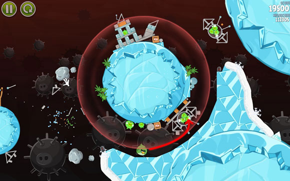 Bash should break through the first pig and fly easily towards the spot indicated on the above screen - Level 3-3 - Danger Zone - Angry Birds Space - Game Guide and Walkthrough