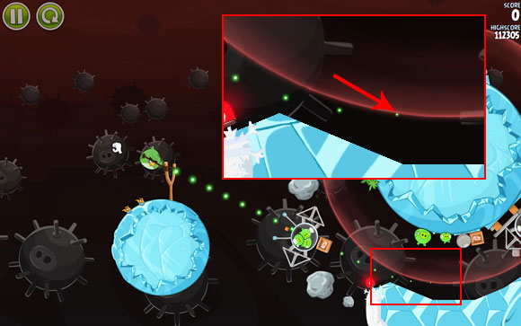 Adjust the first bird's flight path to barely line with the gravity field (the last dot should bend minimally) - Level 3-3 - Danger Zone - Angry Birds Space - Game Guide and Walkthrough