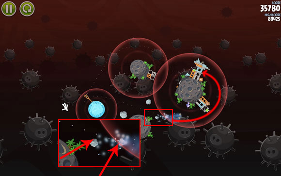 Launch the second bird the other way - adjust the trajectory to go right next to the small asteroid - Level 3-1 - Danger Zone - Angry Birds Space - Game Guide and Walkthrough