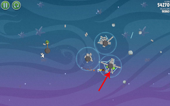 At the best-case scenario, you should have only one pig left; at a worse case - three, but arranged in such a way that launching another bird at the indicated spot and detonating it will take care of them - Level 2-29 - Cold Cuts - Angry Birds Space - Game Guide and Walkthrough