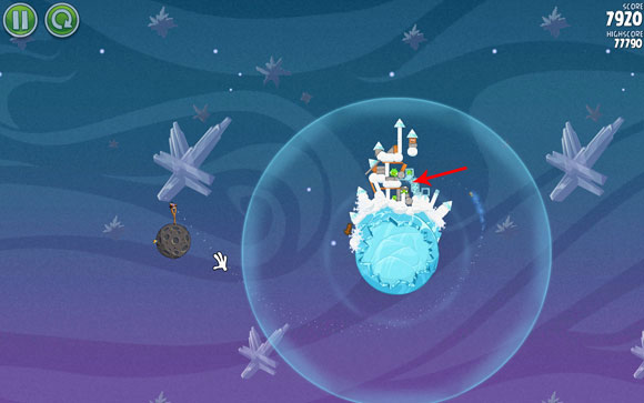 If the structure doesn't fall with the first attempt, send the second bird, using a slightly lesser angle - Level 2-28 - Cold Cuts - Angry Birds Space - Game Guide and Walkthrough