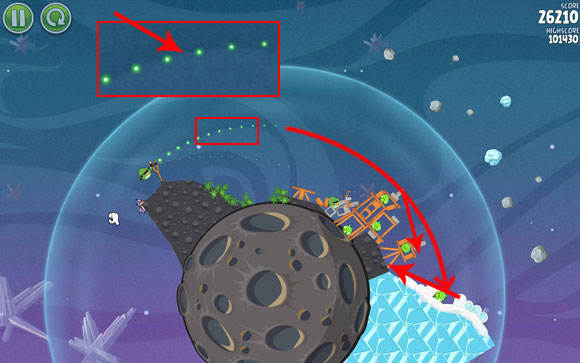 Send the second bird far at the end, adjusting the flight path to cover the line drawn in the background (zoom-out) - Level 2-26 - Cold Cuts - Angry Birds Space - Game Guide and Walkthrough