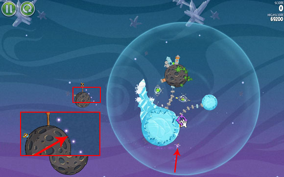 Launching the first bird may cause a little trouble, because you'll need to be very precise - Level 2-13 - Cold Cuts - Angry Birds Space - Game Guide and Walkthrough