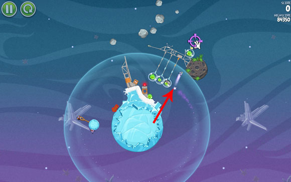 Eventually, the bird should find itself in the area with the three pigs strapped to some kind of scaffold - Level 2-12 - Cold Cuts - Angry Birds Space - Game Guide and Walkthrough