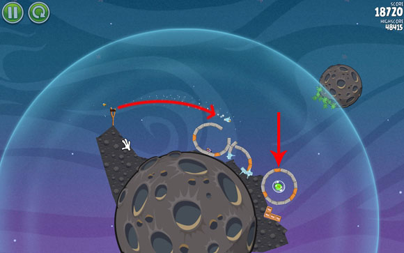 Launch another bird at the third hoop (having destroyed the second one, you shouldn't have more obstacles in your way), and to be more precise, at the wooden block - Level 2-5 - Cold Cuts - Angry Birds Space - Game Guide and Walkthrough