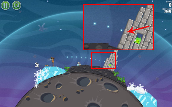 Launch the first bird at the indicated small block - Level 2-4 - Cold Cuts - Angry Birds Space - Game Guide and Walkthrough