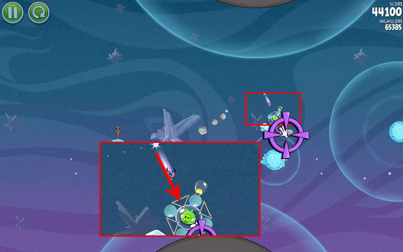 There is only one pig left - launch another bird at the space more or less above it, and once it's at the right spot, change its course so that it breaks through the metal supports shown on the screen - you cannot hit the balls, because then you probably won't eliminate the pig - Level 2-3 - Cold Cuts - Angry Birds Space - Game Guide and Walkthrough