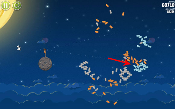 Aim the last shot at the cluster of bricks broken earlier - Level 1-14 - Pig Bang - Angry Birds Space - Game Guide and Walkthrough