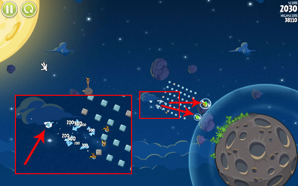 Before the bird reaches the blocks, split it into three and they will break through further - Level 1-9 - Pig Bang - Angry Birds Space - Game Guide and Walkthrough