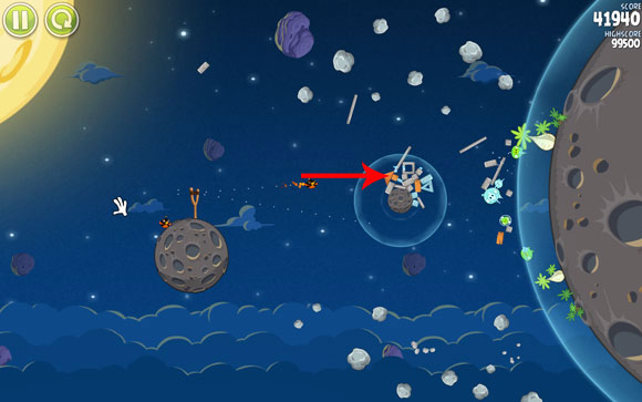 Some of the spattered planks and blocks should eliminate some or all pigs - Level 1-16 - Pig Bang - Angry Birds Space - Game Guide and Walkthrough