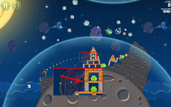 Launch the bird at the indicated wooden plank, detonating the poor thing a moment before the hit - Level 1-19 - Pig Bang - Angry Birds Space - Game Guide and Walkthrough