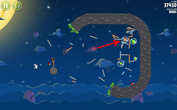 If one of the boxes isn't destroyed in the chain reaction, launch another bird at it - the margin of error allows for one box to be missed, with two you probably won't achieve the required score - Level 1-26 - Pig Bang - Angry Birds Space - Game Guide and Walkthrough