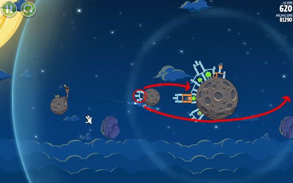 This way, the glass structure will collapse on the other planet, and the two birds will fly past the planet, as illustrated above - Level 1-27 - Pig Bang - Angry Birds Space - Game Guide and Walkthrough