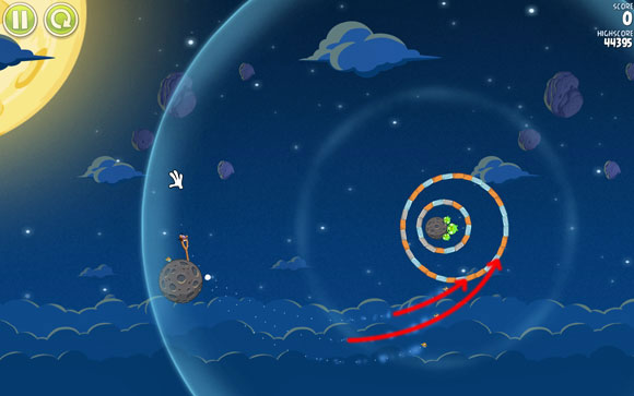 The above screen illustrates the expected behavior of two birds - they should break the glass blocks - Level 1-28 - Pig Bang - Angry Birds Space - Game Guide and Walkthrough