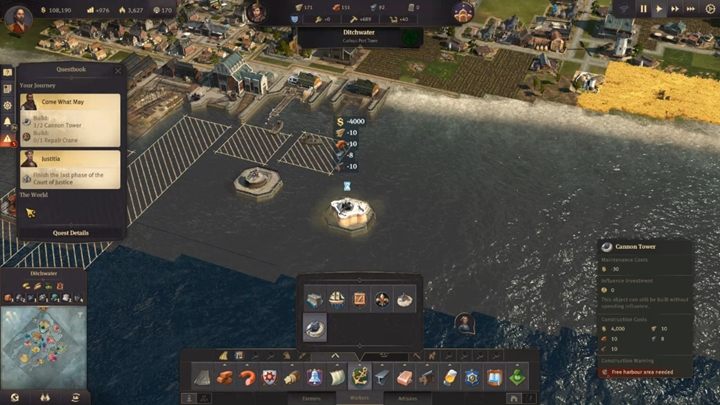 Once you are ready, build two Cannon Towers and a Repair Crane - Anno 1800: Chapter 4 - The Torch Passes Walkthrough - Campaign - Anno 1800 Game Guide