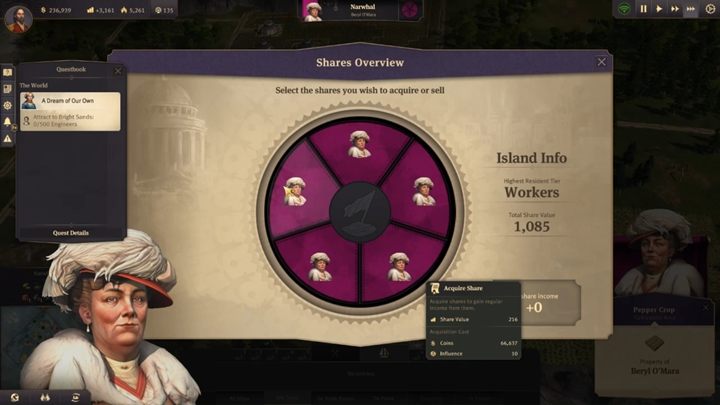 You will be taken to a screen where you will see receipts and interest of the island belonging to individual owners - Anno 1800: How to buy islands from others? - Basics - Anno 1800 Game Guide