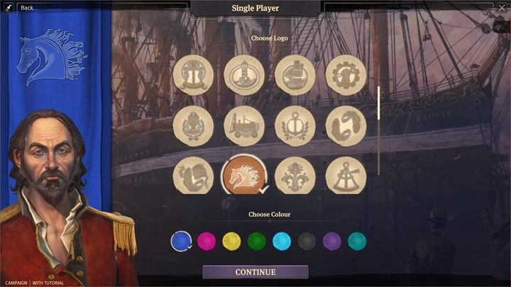 The next decision is purely cosmetic - you can choose a portrait of your character and then the logo, which will be your symbol in the game - Anno 1800: Scenario customization - Basics - Anno 1800 Game Guide